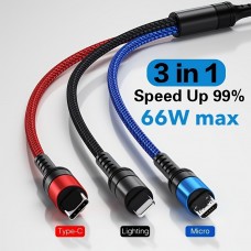 3 In1 Fast Charging USB Cable 66W Max For IPhone Samsung Xiaomi Huawei Fast Charging Type C Cable Micro USB For Mobile Phone Charging Cord USB-C Cable Good Quality And Durable Cable