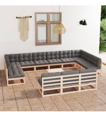 vidaXL 14 Piece Patio Lounge Set with Cushions Solid Pinewood