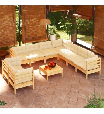 vidaXL 10 Piece Patio Lounge Set with Cream Cushions Solid Pinewood