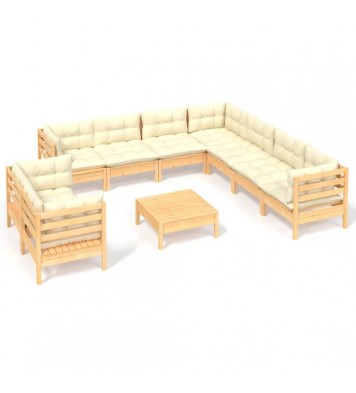 vidaXL 10 Piece Patio Lounge Set with Cream Cushions Solid Pinewood