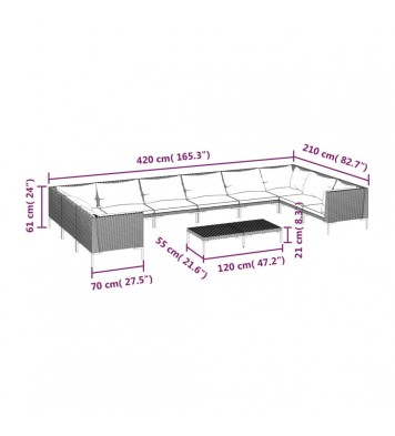 vidaXL 11 Piece Patio Lounge Set with Cushions Poly Rattan Dark Gray