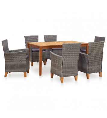 vidaXL 7 Piece Dining Set Poly Rattan and Solid Acacia Wood Gray