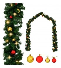 vidaXL Christmas Garland with Baubles and LED Lights Green 66 ft PVC