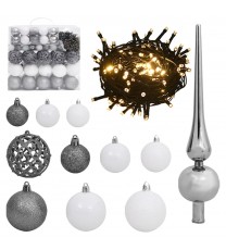 vidaXL 120 Piece Christmas Ball Set with Peak and 300 LEDs White&Gray