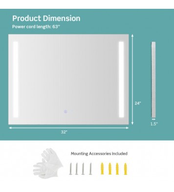 32 x 24 Inch Quadrate Wall Mirror with 3-Color Lights and  Anti-Fog Function