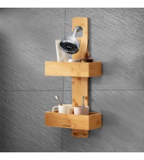 2-Tier Bamboo Hanging Shower Caddy Bathroom Shelf with 2 Hooks-Natural