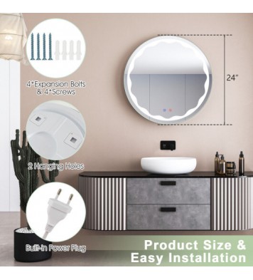 24 Inch Round Wall Mirror with 3-Color LED Lights and Smart Touch Button