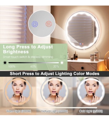 24 Inch Round Wall Mirror with 3-Color LED Lights and Smart Touch Button