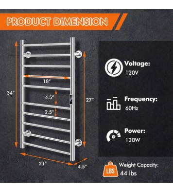 10-bar Heated Wall Mounted Towel Warmer with Timer-Silver