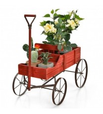 Wooden Wagon Plant Bed With Wheel for Garden Yard-Red