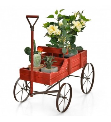 Wooden Wagon Plant Bed With Wheel for Garden Yard-Red