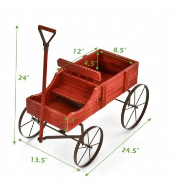 Wooden Wagon Plant Bed With Wheel for Garden Yard-Red