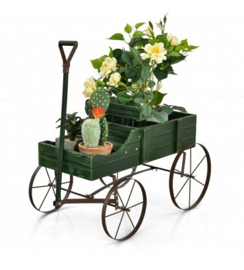 Wooden Wagon Plant Bed With Wheel for Garden Yard-Red