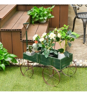 Wooden Wagon Plant Bed With Wheel for Garden Yard-Red