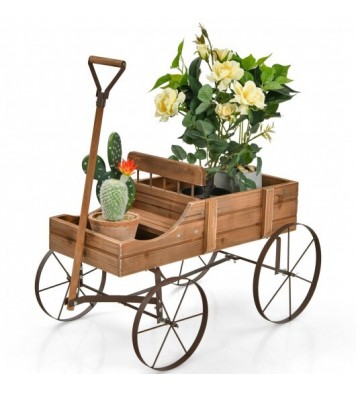 Wooden Wagon Plant Bed With Wheel for Garden Yard-Red