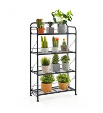 4-Tier Folding Plant Stand with Adjustable Shelf and Feet-Black