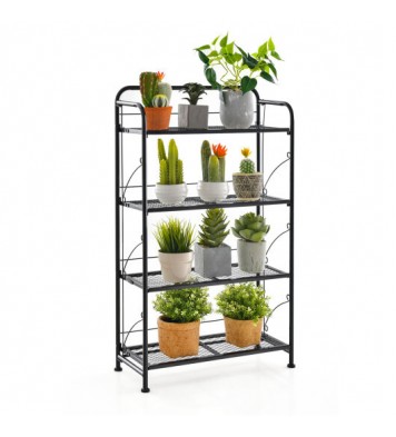 4-Tier Folding Plant Stand with Adjustable Shelf and Feet-Black