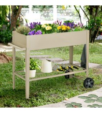 Metal Raised Garden Bed with Storage Shelf Hanging Hooks and Wheels-Light Brown