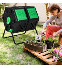 Dual Chamber Garden Compost Tumbler with Sliding Doors-Black & Green