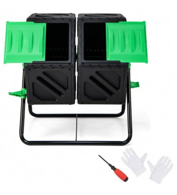 Dual Chamber Garden Compost Tumbler with Sliding Doors-Black & Green