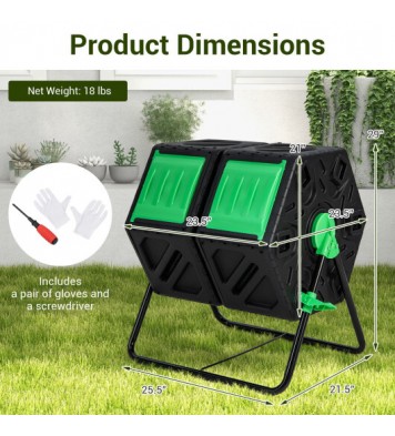 Dual Chamber Garden Compost Tumbler with Sliding Doors-Black & Green