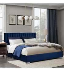 Full Tufted Upholstered Platform Bed Frame with Flannel Headboard-Navy