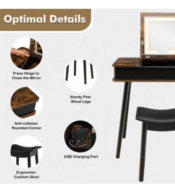 Vanity Table Set with Flip Top Mirror Lights USB Writing Desk and Stool-Brown