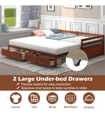 Extendable Twin to King Daybed with Trundle and 2 Storage Drawers