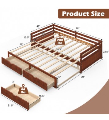 Extendable Twin to King Daybed with Trundle and 2 Storage Drawers