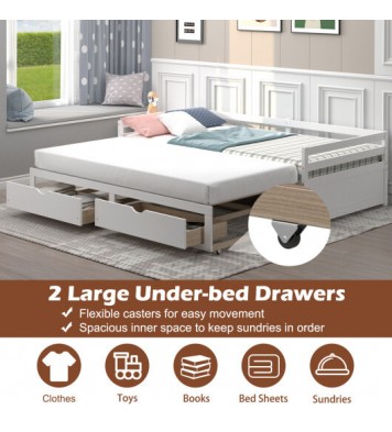 Extendable Twin to King Daybed with Trundle and 2 Storage Drawers