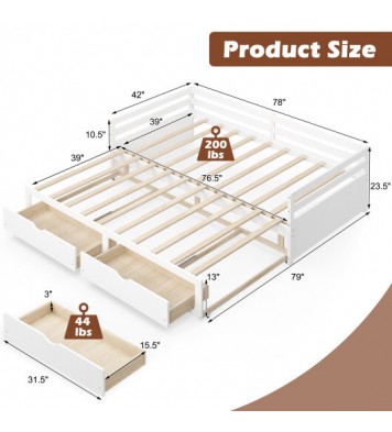 Extendable Twin to King Daybed with Trundle and 2 Storage Drawers