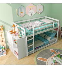 Twin Size Bunk Bed with Convertible Bookcase and Ladder-White