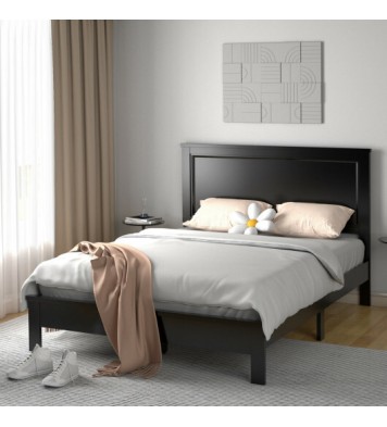 Queen Size Bed Frame Platform Slat High Headboard Bedroom with Rubber Wood Leg-Black