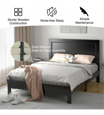 Queen Size Bed Frame Platform Slat High Headboard Bedroom with Rubber Wood Leg-Black