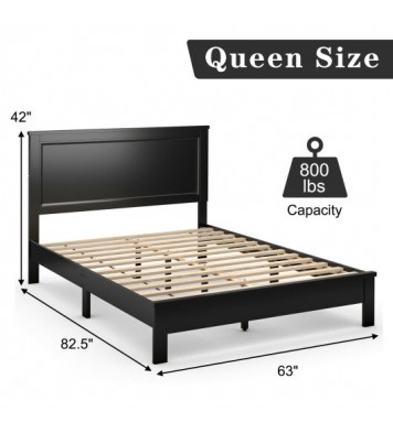 Queen Size Bed Frame Platform Slat High Headboard Bedroom with Rubber Wood Leg-Black