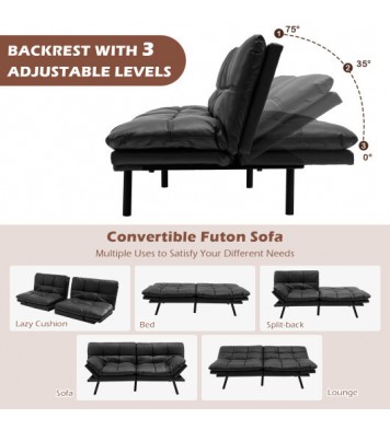 Convertible Memory Foam Futon Sofa Bed with Adjustable Armrest-Gray