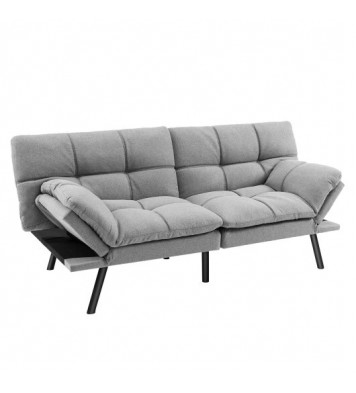 Convertible Memory Foam Futon Sofa Bed with Adjustable Armrest-Gray