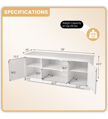 58 Inch TV Stand with 2 Cabinets and Adjustable Shelves for TVs up to 65 Inch-White