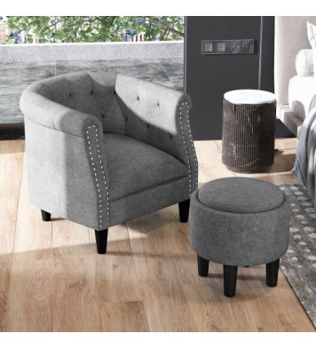 Modern Accent Chair with Ottoman Armchair Barrel Sofa Chair and Footrest-Grey