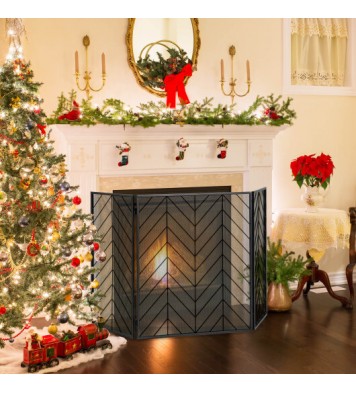 3-Panel Metal Foldable Fireplace Screen with Metal Mesh-Bronze