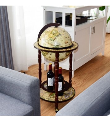 17 Inch Italian Style Design Wooden Globe Liquor Bottle Wine Rack with Wheels