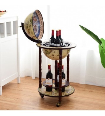 17 Inch Italian Style Design Wooden Globe Liquor Bottle Wine Rack with Wheels