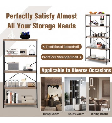 5-Tier Industrial Bookshelf Display Storage Rack with Metal Frame-Gray