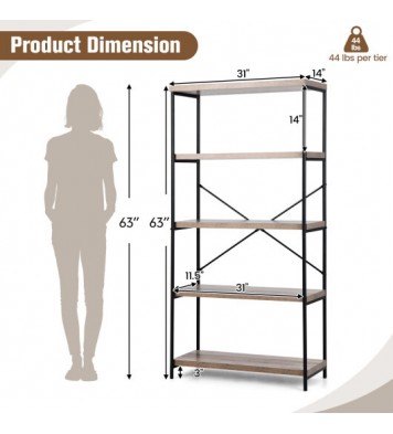 5-Tier Industrial Bookshelf Display Storage Rack with Metal Frame-Gray