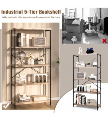 5-Tier Industrial Bookshelf Display Storage Rack with Metal Frame-Gray