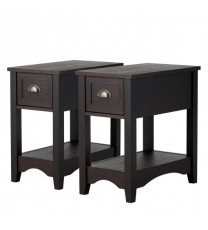 Set of 2 Contemporary Side End Table with Drawer-Walnut