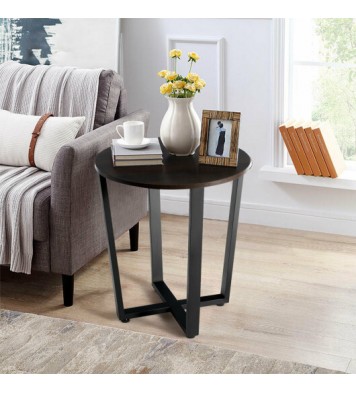 2-tier Round End Table with Storage Shelf & Metal Frame-Walnut