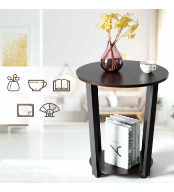 2-tier Round End Table with Storage Shelf & Metal Frame-Walnut