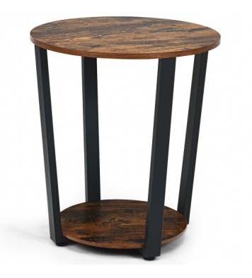 2-tier Round End Table with Storage Shelf & Metal Frame-Walnut