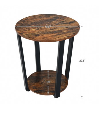 2-tier Round End Table with Storage Shelf & Metal Frame-Walnut